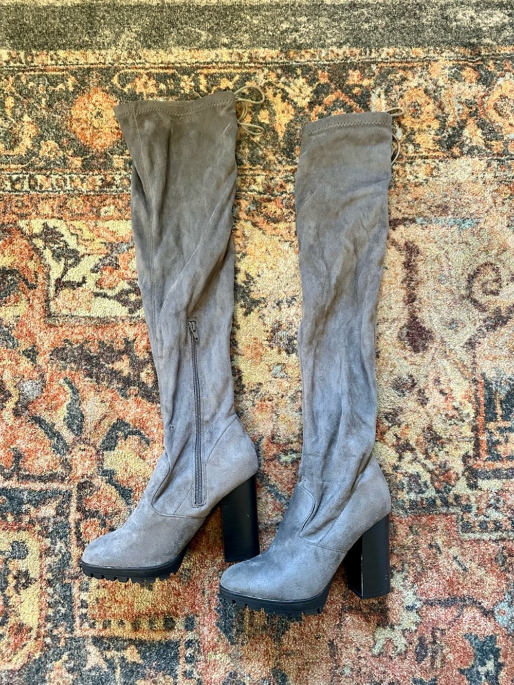 Over-the-Knee Gray Suede Block Heel Boots